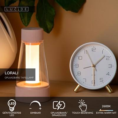 Lucide LORALI - Oplaadbare Tafellamp Binnen/Buiten - Accu/Batterij - Ø 7,7 cm - LED Dimb. - 1x1,2W 2600K/3000K - IP44 - Roze